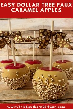 caramel apples with chocolate and sprinkles on them are ready to be eaten