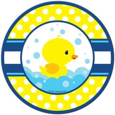 a rubber duck floating on top of a blue and yellow circle with the words complete party free shipping