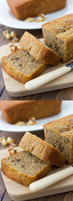 slices of banana nut bread on wooden cutting boards