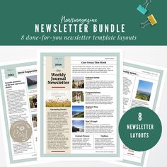 three newspapers with the text, 8 newbier template layouts for wordpress