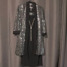 Stunning Black And Silver Set. Sleeveless Dress With Necklace Attached By Buttons As Shown. Matching Jacket With Small Shoulder Pads. Brand New With Tags. Silver Sequined Evening Outerwear, Silver Sequined Outerwear For Evening, Elegant Metallic Sequined Outerwear, Elegant Metallic Outerwear With Sequins, Silver Party Outerwear, Elegant Silver Sequined Outerwear, Elegant Holiday Party Outerwear, Elegant Metallic Outerwear For Parties, Silver Glamorous Formal Outerwear