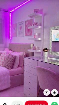 a bedroom with pink furniture and purple lighting