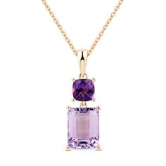 Alive with vivid hues, this delightful necklace showcases an elegant emerald-cut light amethyst topped with a rich cushion-cut amethyst. Styled in romantic 10K rose gold, the pendant suspends from an 18-inch cable chain and secures with a lobster clasp. Elegant Purple Necklace, Elegant Purple Rectangular Necklace, Aquamarine Pendant, Light Amethyst, Emerald Stone, Purple Stones, Accessories Jewelry Necklace, Amethyst Pendant, Amethyst Necklace