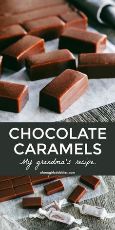 chocolate caramels cut into squares on top of parchment paper with text overlay