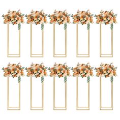 six gold frames with flowers and greenery on them, all arranged in the same arrangement