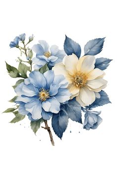 blue and white flowers with green leaves on a white background, watercolor painting style