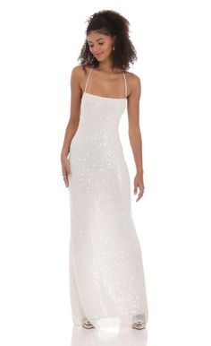 Sequin Mesh Maxi Dress in White | LUCY IN THE SKY Silver Sparkly Dress Long, Sheer Silver Dress, Sparkle Dress Long, Sparkly Dress Long, Sparkly White Dress, White Sparkle Dress, Prom Dresses Long Elegant, White Sparkly Dress, Sparkly Maxi Dress