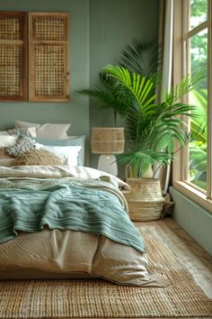 a bed with pillows and blankets in a bedroom next to a plant on the floor