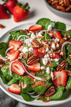 a salad with spinach, strawberries and feta cheese is on a plate