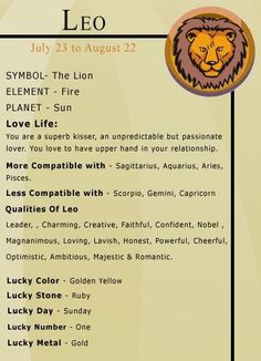 the leo zodiac sign for july 23 to august 22, with an image of a lion's head