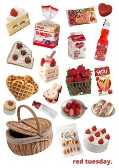 there are many different types of food on this page, including strawberries and cake