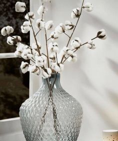 a vase filled with white flowers sitting on top of a table next to a window