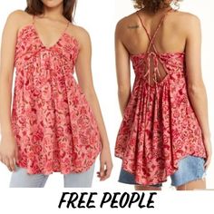 Stunning Free People Open Back Tunic Size M V Neck 100 Viscose New With Tag Perfect For Back To School Final Price Thank You For Visiting My Closet Red Halter Neck Tank Top For Spring, Red Summer Tank Top For Festivals, Summer Festival Red Tank Top, Red Tank Top For Summer Festivals, Casual Camisole For Festival, Red Sleeveless Camisole For The Beach, Red Sleeveless Camisole For Spring, Spring Red Camisole For Beach, Tie Dye Tunics