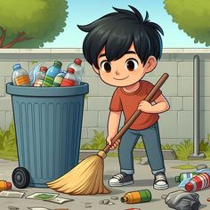 a boy sweeping up trash in front of a garbage can with a broom and bottle on the ground