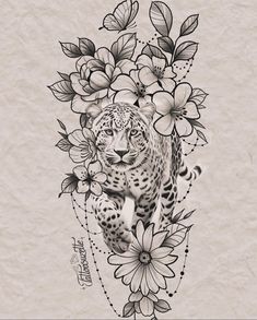 a black and white drawing of a leopard with flowers on it's back side