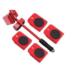 four pieces of red plastic with black knobs and an extension cord for the speaker