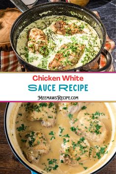 chicken white sauce recipe in a skillet on a wooden table with the title above it