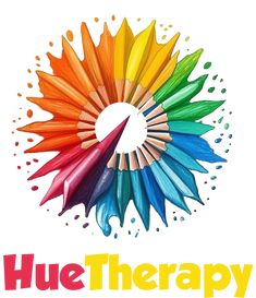 the logo for hue therapy is shown with colored pencils in it's center