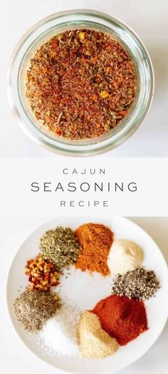 three different types of seasoning on a white plate with the words, cajun seasoning recipe