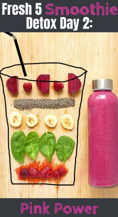 a pink smoothie with bananas, raspberries and strawberries in it next to a