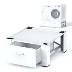 a white table with drawers and a washing machine next to it on a white background