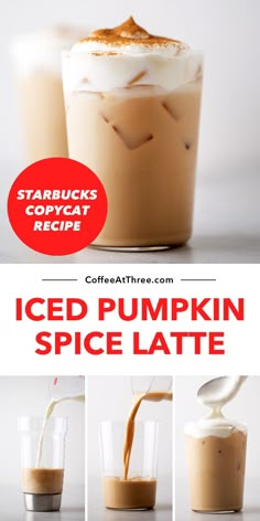 iced pumpkin spice latte recipe with instructions to make it in the blender and then topped with whipped cream