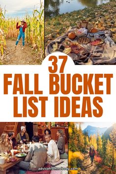 several pictures with the words 37 fall bucket list ideas in orange and white, including people eating