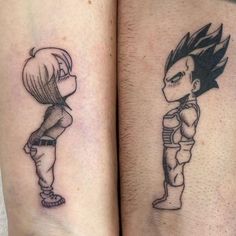 two people with tattoos on their legs, one has an anime character and the other has a cartoon character