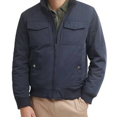 He'll be stylish and warm in this men's Dockers 2-pocket bomber jacket. Click on this MEN'S GUIDE to find the perfect fit and more! He'll be stylish and warm in this men's Dockers 2-pocket bomber jacket. Click on this MEN'S GUIDE to find the perfect fit and more! FEATURES Zipper closure Water resistant design Midweight Banded hem Long sleeve 2 chest snap patch pockets & 2 side snap pockets 1 interior pocketFIT & SIZING Regular fitFABRIC & CARE Polyester Machine wash - delicate Imported Size: XL. Color: Navy. Gender: male. Age Group: adult. Side Snap, This Man, Age Group, Bomber Jacket, Perfect Fit, Coats Jackets, Water Resistant, Zipper, Long Sleeve