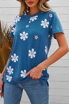 This tee is soft, lightweight and airy, very comfy to wear. •Solid blue short sleeve knit tee with daisy print. •Round neck, short sleeve, loose fit with side slits •This short sleeve top is perfect for any summer occasion Pair this top with our daisy shorts and jeans! Runs True To Size Size Chart (INCH) Sizes Bust Shoulder Sleeve Length Length Hem Width Relax Relax Relax Relax Relax S 37 15.2 7.1 25.6 39.0 M 39 15.6 7.5 26.4 40.9 L 41 15.9 7.9 27.2 42.9 XL 46 16.9 8.3 28.0 46.1 2XL 48 17.7 8.7 Blue Blossom, Special Outfits, T Shirt Flowers, Grey Pencil Skirt, Blossom Print, Blue Floral Pattern, Floral Outfit, Blouse Tops, Daisy Print