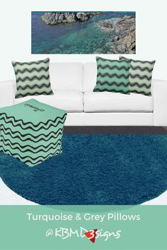 A wavy ripple pattern decorates turquoise and grey pillows that decorate a white a couch. Turquoise Throw Pillows, White Couch, Ripple Pattern, White Couches, Grey Pillows, Green Pillows, Turquoise Green