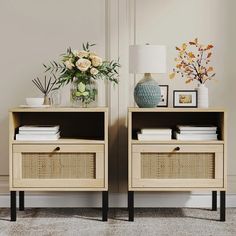 two side tables with baskets and vases on them