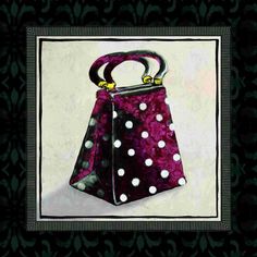 a painting of a handbag with polka dots on the front and sides, in black frame