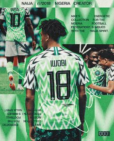 the back of a soccer player's green and white uniform with pictures of him