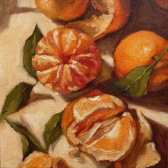 an oil painting of oranges and leaves on a table