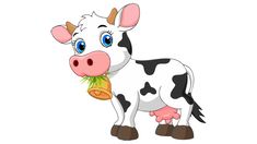 a cartoon cow with a bell in its mouth and a piece of grass in its mouth