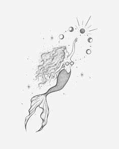 a black and white drawing of a mermaid with her hair blowing in the wind, surrounded by bubbles