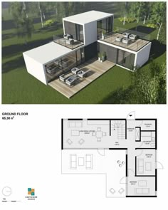 the floor plan for a modern house with two levels and an open living room area