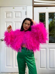 -Made to order for every sizes -please check my size chart before ordering if it doesn't fit with my size chart  please measure your bust waist and hips  -cropped jacket made with boas feathers -color:fuchsia,hot pink,black,white,baby blue, light yellow -Dry clean only Hot Pink Feather Top, Pink Fuzzy Jacket Outfit, Glamorous Spring Wedding Outerwear, Glamorous Fall Wedding Outerwear, Pink Long Sleeve Outerwear For Costume Party, Fitted Pink Outerwear For Wedding, Pink Fitted Outerwear For Wedding, Pink Boas, Fuzzy Jacket Outfit