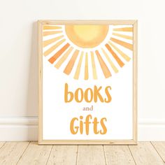 an orange and yellow poster with the words books and gifts on it in front of a white wall