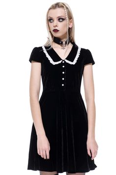 Collar Black Dress, Killstar Dress, Black Babydoll Dress, 2010 Fashion, Dress With Lace Trim, Black Babydoll, Big Collar, Dress Velvet, Gothic Dress