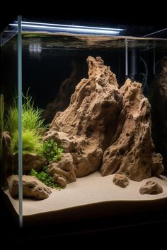 an aquarium with rocks and plants in it