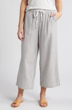 Caslon® Stripe Drawstring Wide Leg Linen Blend Pants | Nordstrom Ankle-length Pants With Vertical Stripes For Summer, Vertical Stripes Ankle-length Summer Bottoms, Summer Ankle-length Pants With Vertical Stripes, Summer Vertical Stripe Ankle-length Bottoms, Relaxed Fit Striped Wide Leg Pants For Spring, Casual Wide Leg Ankle-length Striped Pants, Wide Leg Ankle-length Pants With Vertical Stripes For Spring, Spring Striped Ankle-length Wide Leg Pants, Spring Wide Leg Pants With Vertical Stripes, Ankle-length