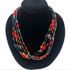 Beautiful Layered Look With Bright Colors. (Black, Red, Pink, Orange, Green) Also Includes Black Cross Earrings. Black Cross Earrings, Colorful Beaded Necklace, Black Cross, Cross Earrings, Layered Look, Green And Orange, Pink Orange, Bright Colors, Womens Jewelry Necklace