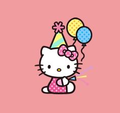 a hello kitty birthday card with balloons and a party hat on it's head