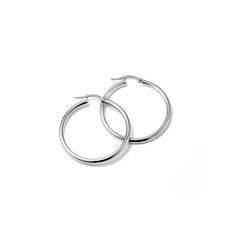 Bold Daily 14K White Gold Hoops | Shane Co. Minimalist White Gold Earrings With Shiny Finish, Classic Earrings With Polished Finish, Minimalist White Gold Earrings With Sterling Silver Clasp, Minimalist White Gold Hoop Earrings With Sterling Silver Clasp, Classic White Gold Huggie Earrings, Classic Sterling Silver Hoop Earrings For Formal Events, Classic Polished Everyday Luxury Earrings, Everyday Rounded Earrings With Polished Finish, Classic Polished Earrings For Everyday Luxury