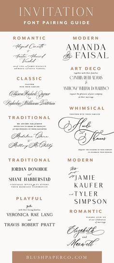 the wedding program is shown with different font styles and colors, including brown, black, white