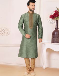 Green Kurta Polysilk Chudidar Green Silk Churidar With Embroidered Border, Green Silk Embroidered Churidar, Green Embroidered Sherwani For Festivals, Festive Green Sherwani With Embroidered Border, Men's Kurta Pajama, Men's Kurta, Kurta Pyjama, Silk Kurta, Green Bottom