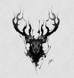 a black and white drawing of a deer's head with antlers on it