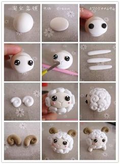 the instructions for making an adorable sheep brooch with polymer beads and fake hair are shown